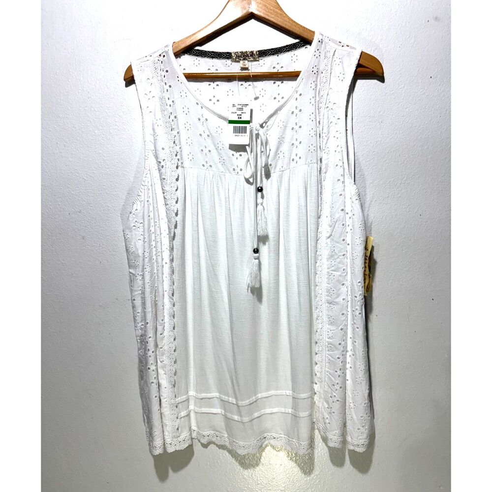 One World tank top bohemian embroidered tazle summer beach vacation women 3X New